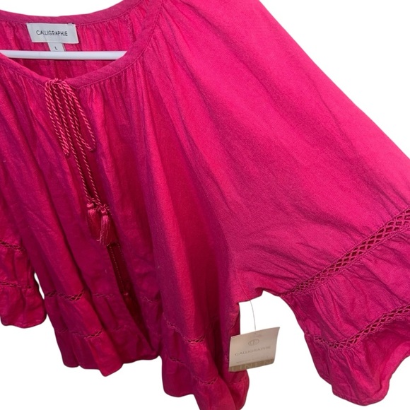 NWT Calligraphie Linen Tie Front Bell Sleeve Top Hot Pink 🩷Large Bohemian - Picture 5 of 11